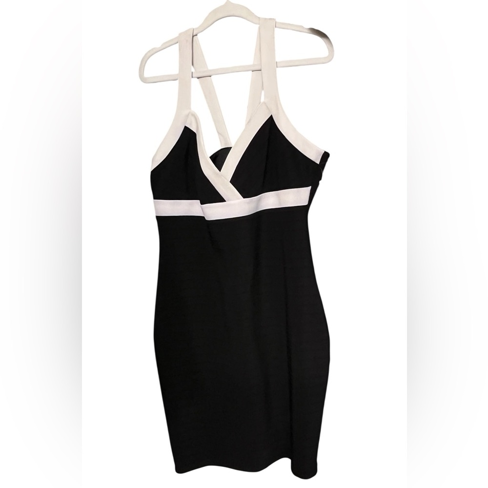 Guess size 12 black & white sleeveless midi dress ,X back & zip with stretch